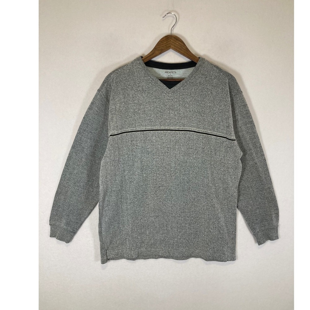 Dadcore Architect Mens Large Gray Striped V-Neck Long Sleeve Knit Pullover Shirt